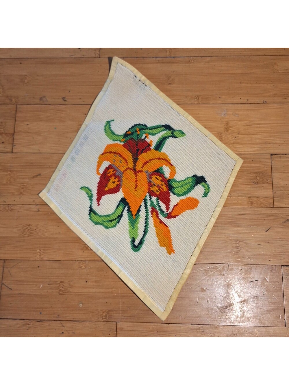 Finished Needlepoint Day Lilies Diamond Shaped Vintage 14.5"X 19"